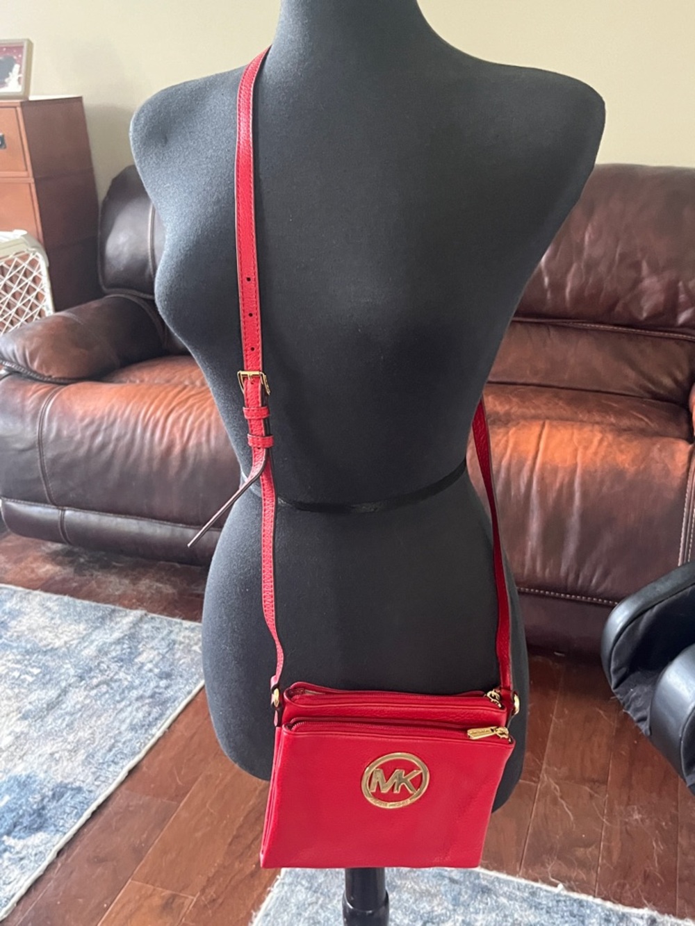Michael Kors Red Leather Crossbody with Gold MK Emblem
